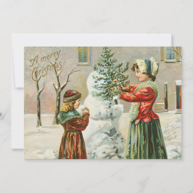 Frohe Weihnachtsfrau, Kind und Schneemann Feiertagskarte (Vorderseite)