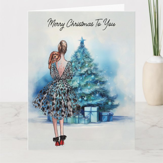 Frohe Weihnachtsfrau und blauer Weihnachtsbaum Karte (Vorderseite)