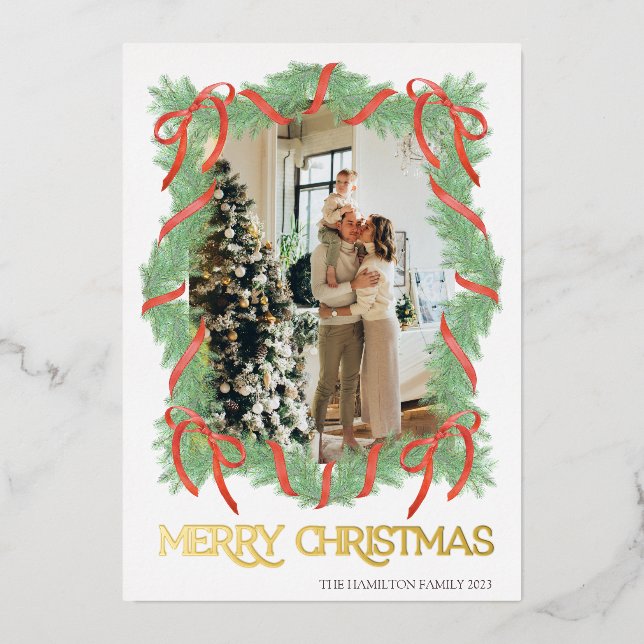 Frohe Weihnachtsgarland Rahmen Foto Gold Folieneinladung (Vorderseite)