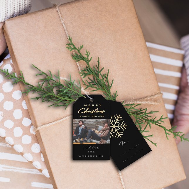 Frohe Weihnachtsgeschenke Foto Black Gray Gold Sno Geschenkanhänger (Merry Christmas Gift Photo Black Gray Gold Snow Gift Tags )
