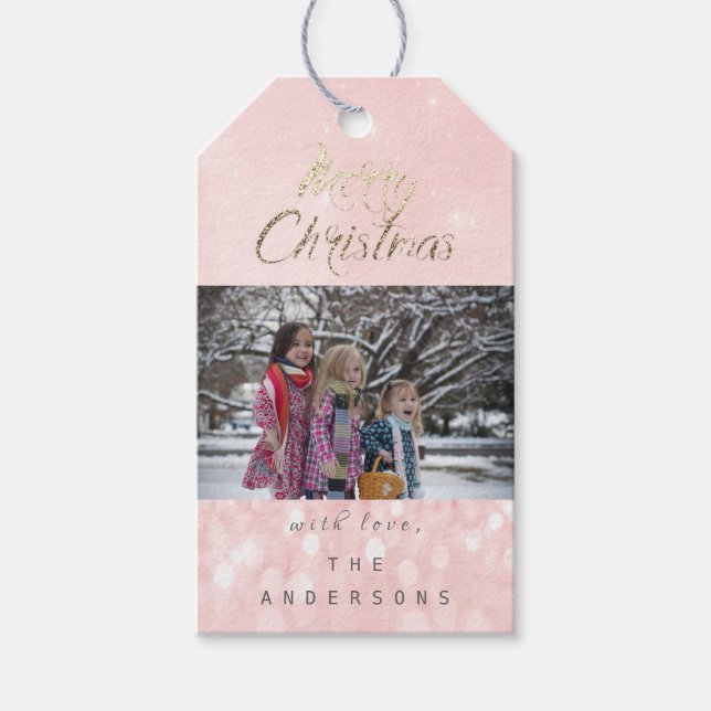 Frohe Weihnachtsgeschenke Foto Gold Pink Schneeflo Geschenkanhänger (Vorderseite)