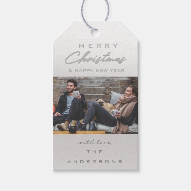 Frohe Weihnachtsgeschenke Foto Hütte Grau Gold Sch Geschenkanhänger (Vorderseite)