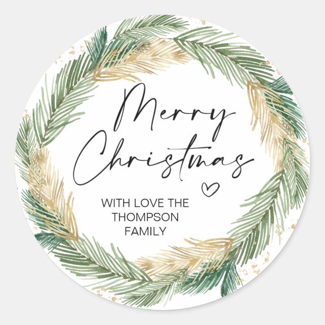 Frohe Weihnachtsgeschenke Gold Grüne Wreath Sticke Runder Aufkleber (Vorderseite)