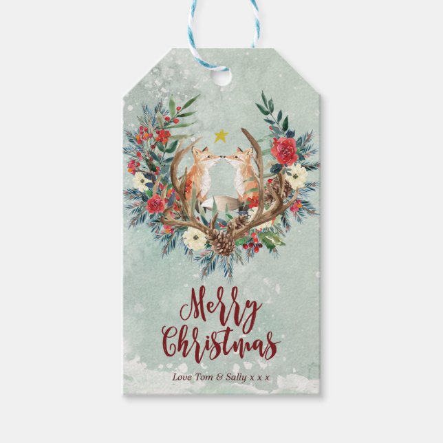 Frohe Weihnachtsgeschenke Tags Winter Blumenfüchse Geschenkanhänger (Vorderseite)
