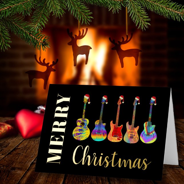 Frohe Weihnachtsgitarren Black and Gold (Merry Christmas guitars wearing Santa hats black & gold foil music themed personalized holiday card)