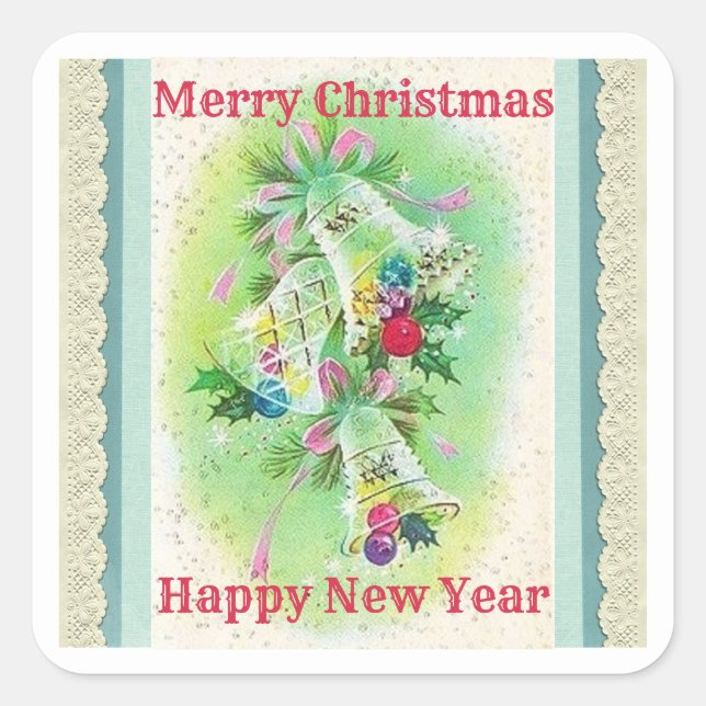 Frohe Weihnachtsglocken Vintage Spitzen-Square Sti Quadratischer Aufkleber (Vorderseite)