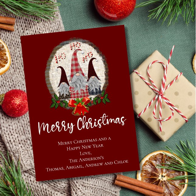 Frohe Weihnachtsgnomen Rot, Rustikal, Kariert, Tre Karte (Gnomes Merry Christmas Card Personalized. Printed or Digital Instant download)