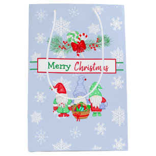 Frohe Weihnachtsgnomen Snowflakes Blue Background Mittlere Geschenktüte
