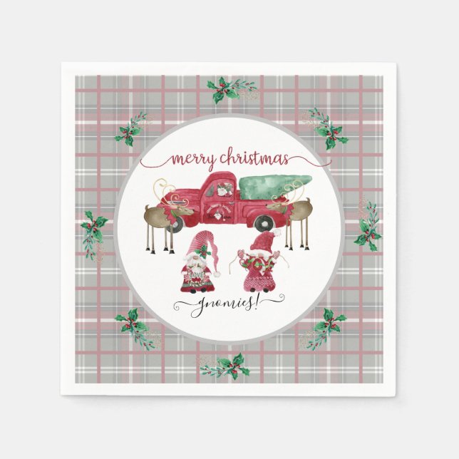 Frohe Weihnachtsgnomies Gnome Red Truck Tree Farm Serviette (Vorderseite)