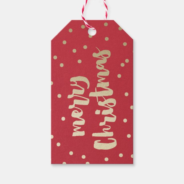 Frohe Weihnachtsgold und roten Konfetti Geschenkanhänger (Vorderseite)