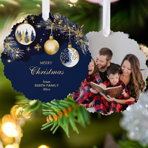 Frohe Weihnachtsgoldnacht blaue Baubles Foto Ornament Karte
