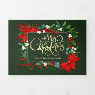 Frohe Weihnachtsgrün Floral Multi Foto Dreifach Gefaltete Karte