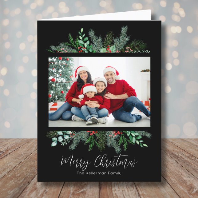 Frohe Weihnachtsgrün Modernes Foto Feiertagskarte (Merry Christmas Greenery Modern Black Photo Holiday Card)