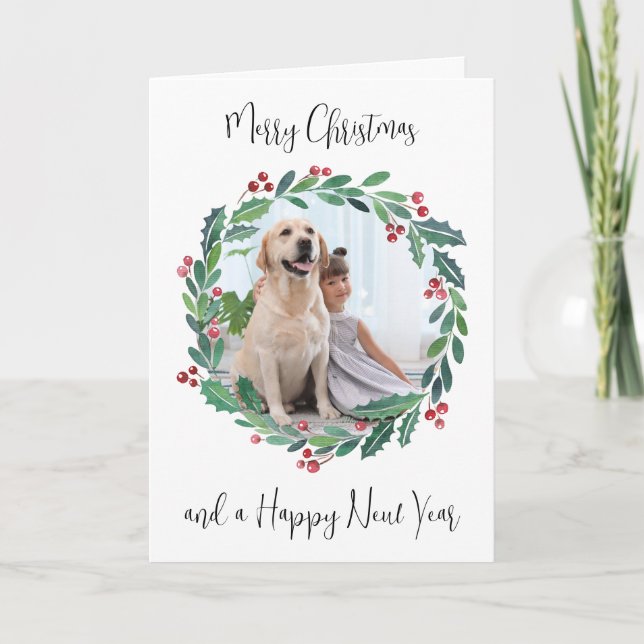 Frohe Weihnachtsgrün Wreath Custom Foto Feiertagskarte (Vorderseite)