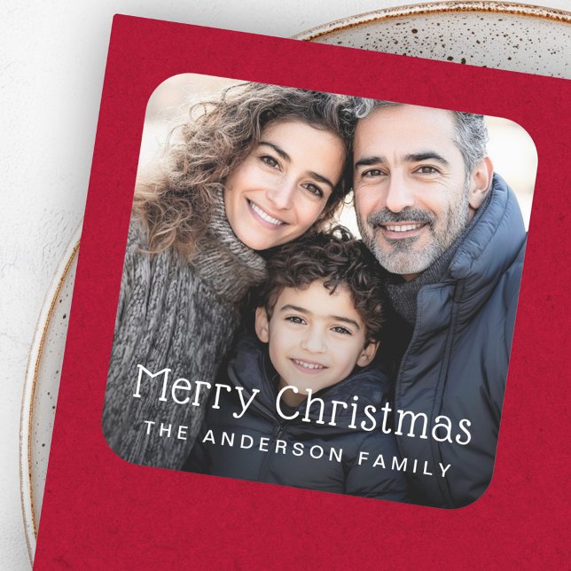 Frohe Weihnachtsgrüße Foto Quadratischer Aufkleber (Merry Christmas greeting photo Square Sticker)