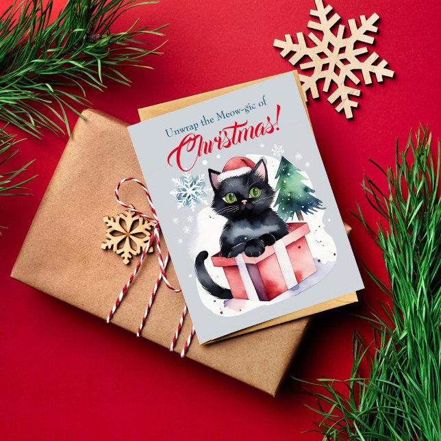 Frohe Weihnachtsgrüße für Katzen Po Postkarte (Cat Christmas greeting postcard for cat people watercolor cute black cat in red hat inside gift box)