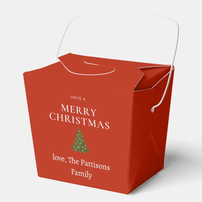 Frohe Weihnachtsgrüße mit Baum auf roten Sitten Geschenkschachtel (Vorderseite)