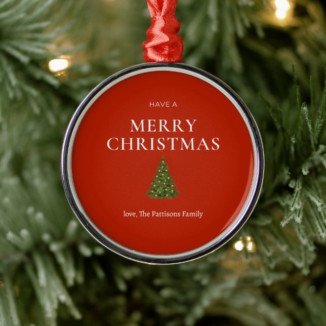 Frohe Weihnachtsgrüße mit Baum auf roten Sitten Ornament Aus Metall (Baum)