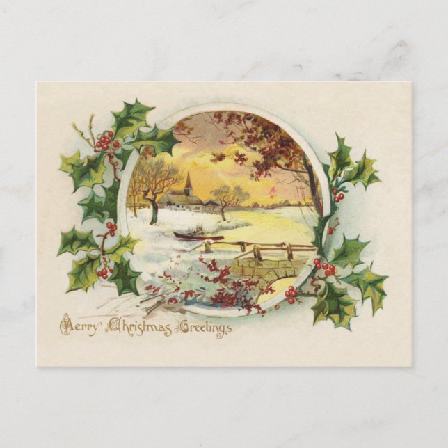 Frohe Weihnachtsgrüße Vintage Dorfszene Feiertagspostkarte (Vorderseite)