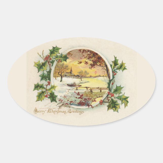 Frohe Weihnachtsgrüße Vintage Dorfszene Ovaler Aufkleber (Vorderseite)