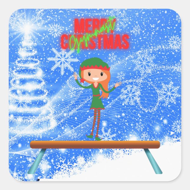 Frohe Weihnachtsgymnast Elf Quadratischer Aufkleber (Vorderseite)
