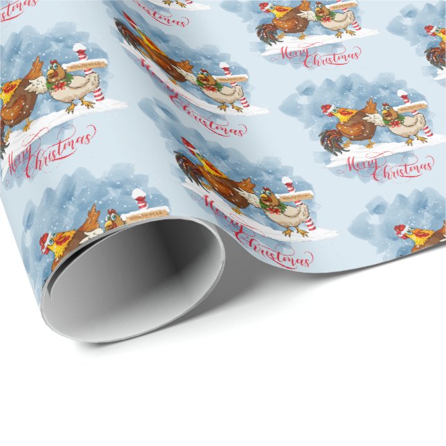 Frohe Weihnachtshähnchen und Rooster am Nordpol Geschenkpapier (Rolleneckpunkt)