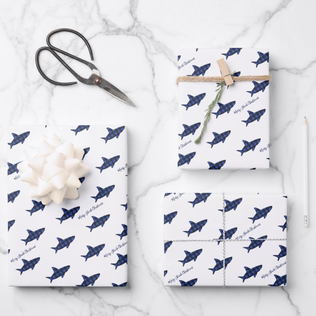 Frohe Weihnachtshai Blue Black Buffalo Kariert Geschenkpapier Set (Vorderseite)