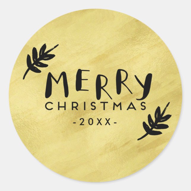 Frohe Weihnachtshand Lettered | Pinselgoldfarben Runder Aufkleber (Vorderseite)