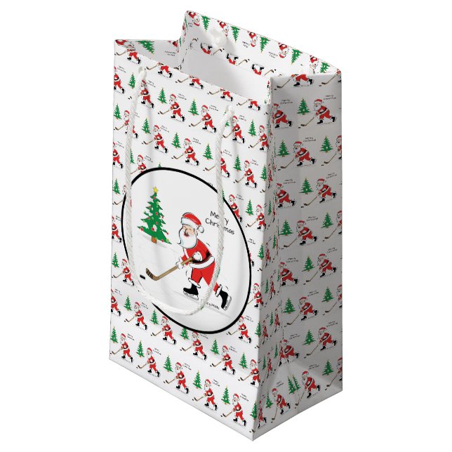 Frohe Weihnachtshockey Santa Kleine Geschenktasche Geschenktüte (Vorderseite Schrägansicht)