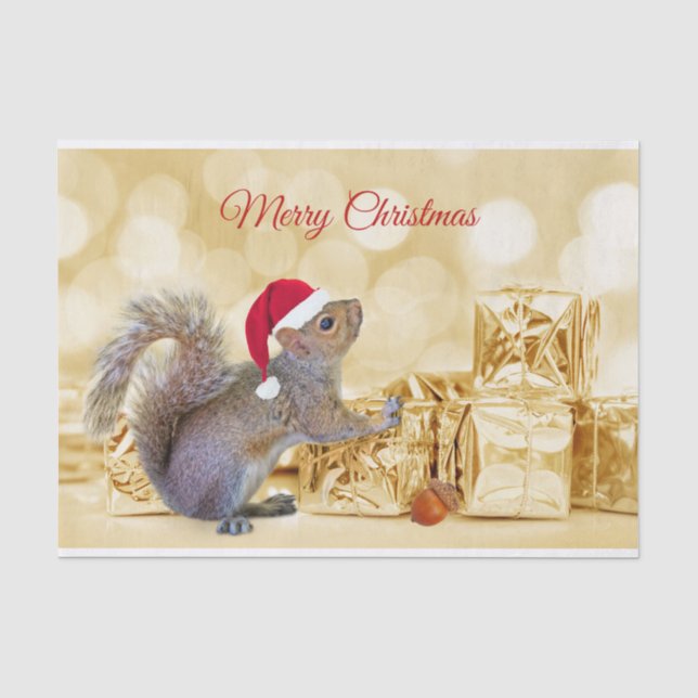 Frohe Weihnachtshörnchen in Weihnachtsmannmütze &  Seidenpapier (Vorderseite)