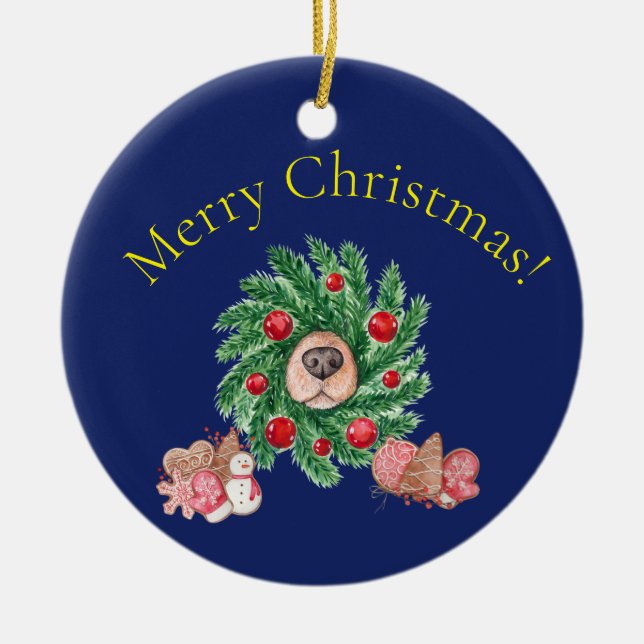 Frohe Weihnachtshunde mit Nase im Kraut Keramik Ornament (Vorne)