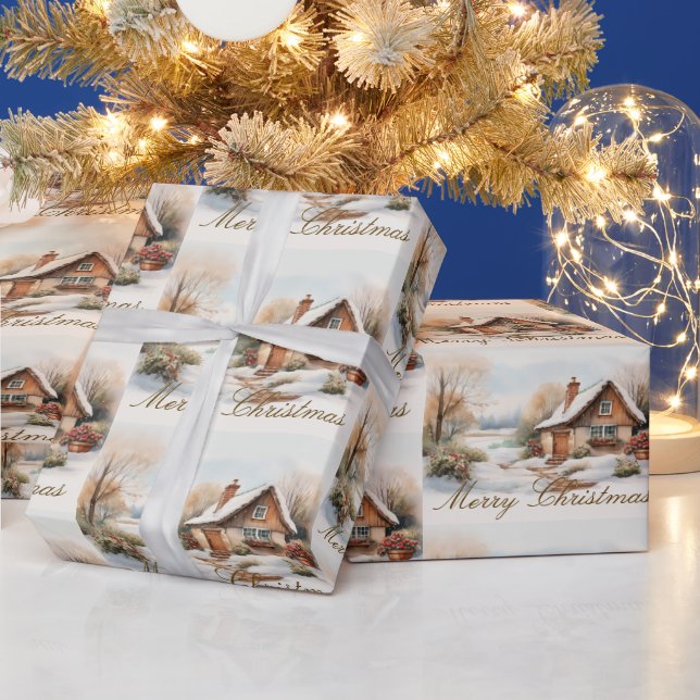 Frohe Weihnachtshütte in verschneiten Landschaften Geschenkpapier (Feiertage)
