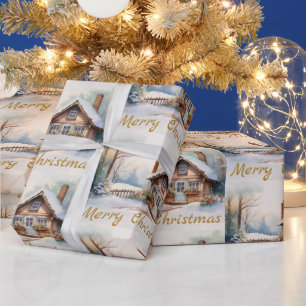Frohe Weihnachtshütte in verschneiten Landschaften Geschenkpapier