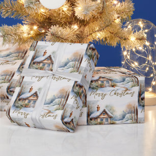 Frohe Weihnachtshütte in verschneiten Landschaften Geschenkpapier