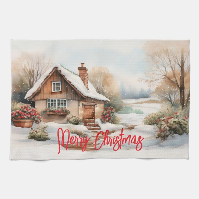 Frohe Weihnachtshütte in verschneiten Landschaften Geschirrtuch (Horizontal)