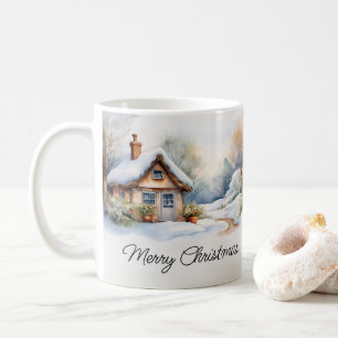 Frohe Weihnachtshütte in verschneiten Landschaften Kaffeetasse