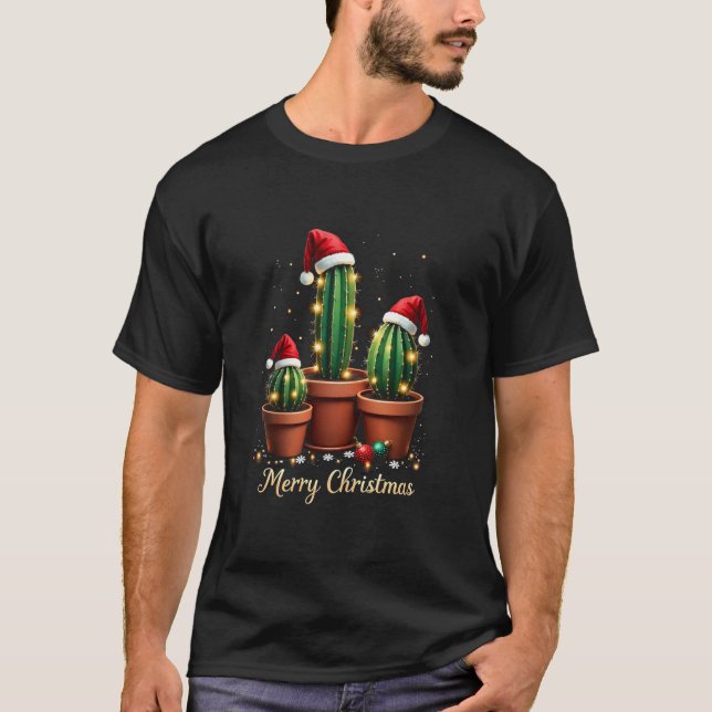 Frohe Weihnachtskaktus Xmas Trees Lights Santa Cac T-Shirt (Vorderseite)
