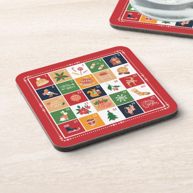Frohe Weihnachtskalender Poinsettia Red Getränkeuntersetzer (Linke Seite)
