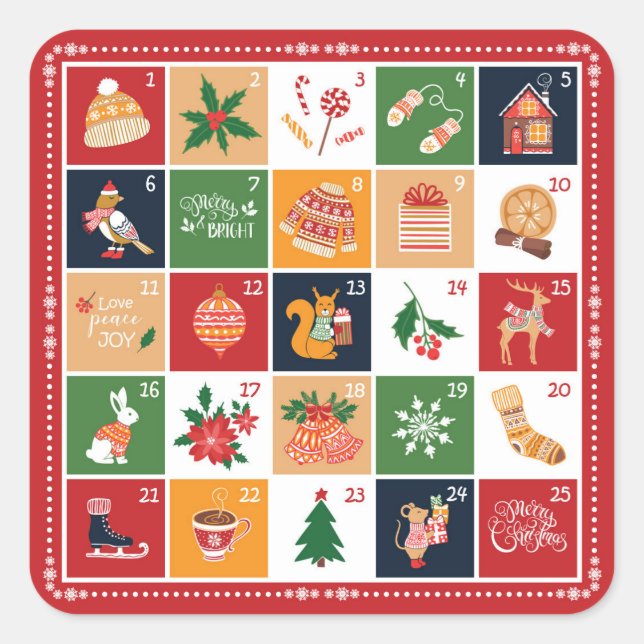 Frohe Weihnachtskalender Poinsettia Red Quadratischer Aufkleber (Vorderseite)