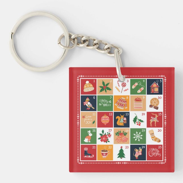 Frohe Weihnachtskalender Poinsettia Red Schlüsselanhänger (Vorderseite)