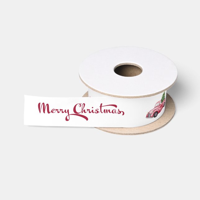 Frohe Weihnachtskalligrafie Red Christmas Truck Satinband (Spule)