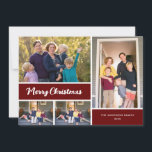 Frohe Weihnachtskalligrafie Red Foto Collage Feiertagskarte<br><div class="desc">Diese elegante Weihnachtskarte des Fotos bietet eine 4-Foto-Collage,  die mit dem traditionellen Gruß betont wird: Frohe Weihnachten. Der Gruß erscheint in weißer moderner Kalligraphie auf einem dunkelrötlichen Hintergrund. Fotografie © Storytree Studios,  Stanford,  CA</div>