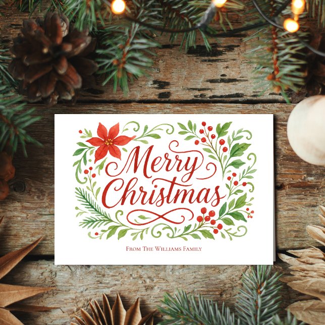 Frohe Weihnachtskalligrafie Red Poinsettias Feiertagskarte (Von Creator hochgeladen)