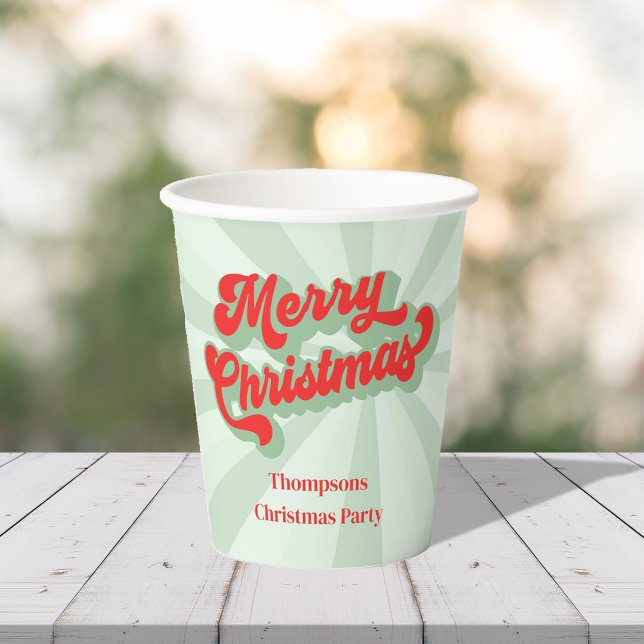 Frohe Weihnachtskalligrafie Retro Script Red Green Pappbecher (Merry Christmas whimsical retro style calligraphy paper cup.)