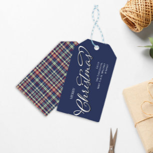 Frohe Weihnachtskalligrafie Script Navy Blue Karie Geschenkanhänger