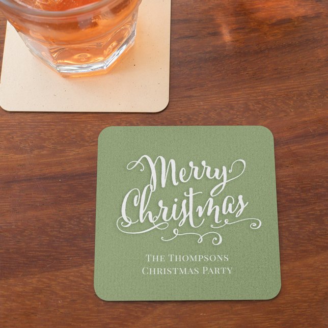 Frohe Weihnachtskalligrafie Script Simple Green Rechteckiger Pappuntersetzer (Merry Christmas green white lettering calligraphy paper coaster)