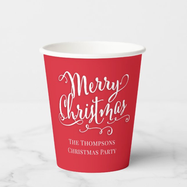 Frohe Weihnachtskalligrafie Script Simple Red Pappbecher (Vorderseite)