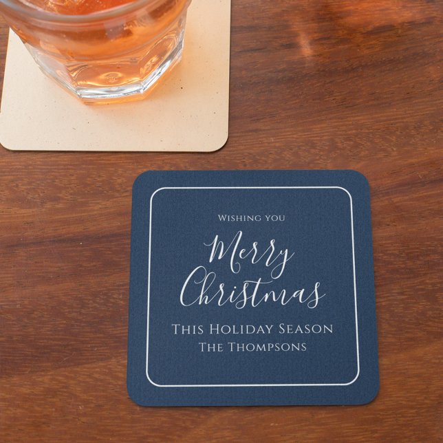 Frohe Weihnachtskalligrafie Simple Niedlich Navy B Rechteckiger Pappuntersetzer (Merry Christmas holiday party paper coaster)