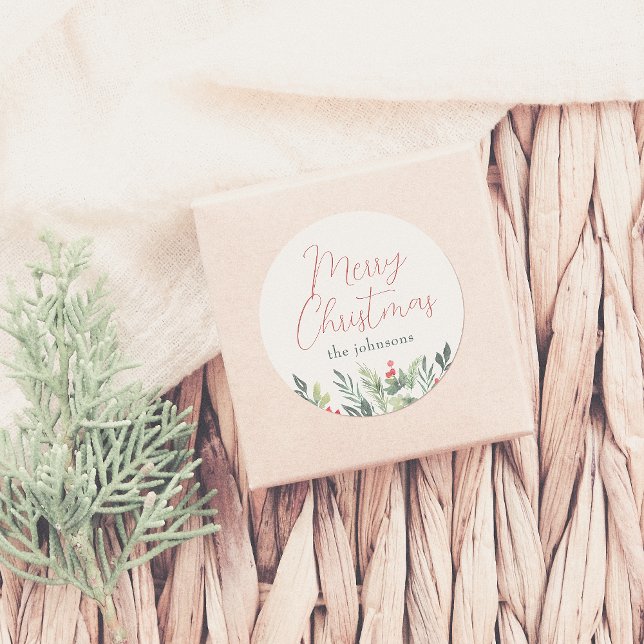 Frohe Weihnachtskalligraphie & Familienname Grüne Runder Aufkleber (Von Creator hochgeladen)