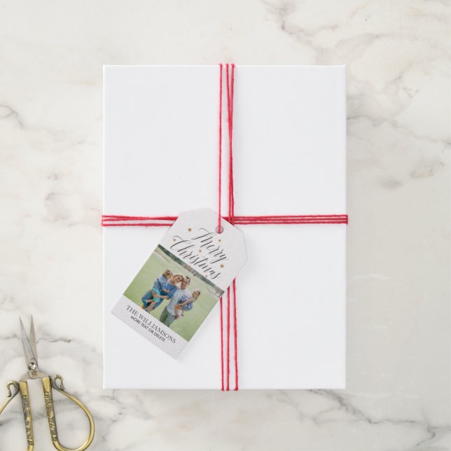 Frohe Weihnachtskalligraphie Family Foto Custom Geschenkanhänger (Mit Garn)